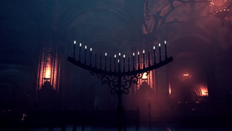 dark gothic cathedral interior with candelabra