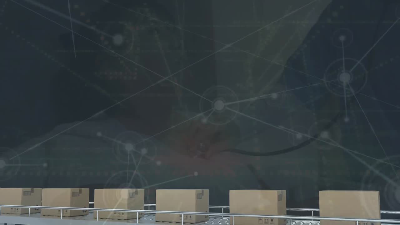 생산 라인에 있는 상자들을 연결하는 네트워크의 애니메이션