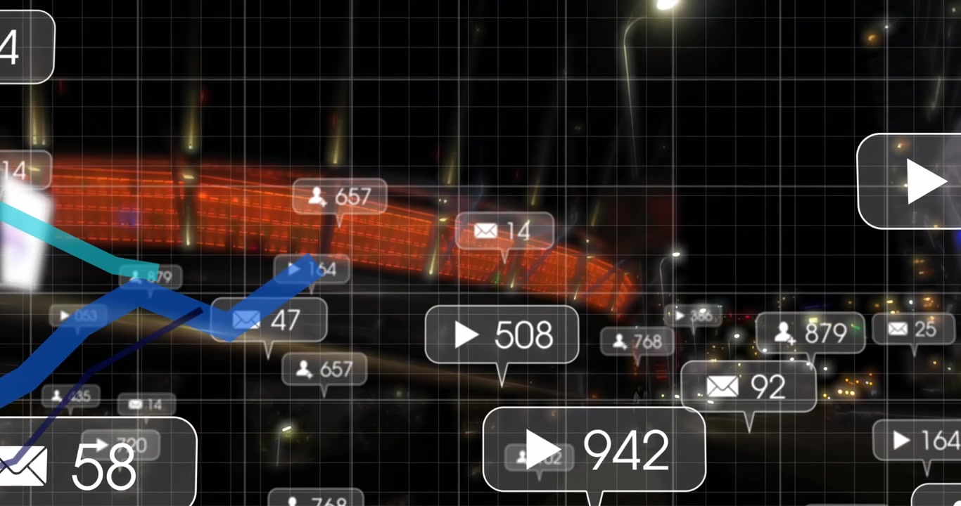 Social Media Analytics and Growth Graphs Overlaid on Night City Traffic