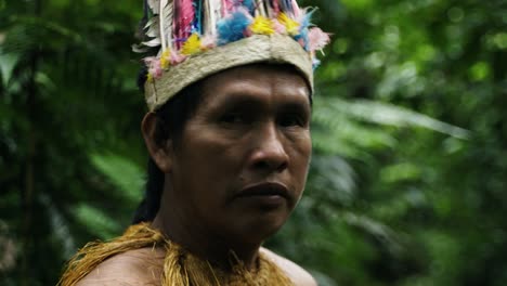 Portrait-of-an-indigenous-guy-in-the-dense-forest-in-Leticia,-Amazon,-Colombia