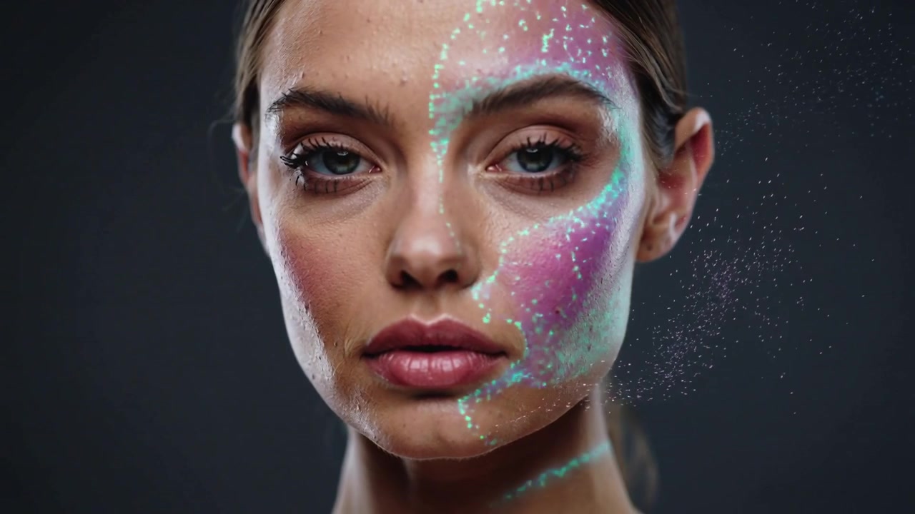 Camera shifting female turning frontal in studio, showing sparkle mask forming across right face