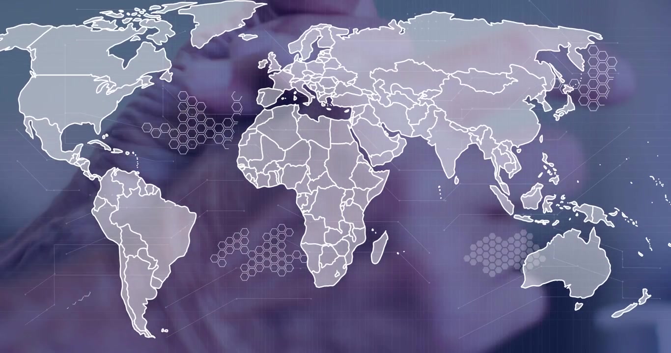 Senior man tapping phone, activating tech map overlay, revealing borders and hex grid, showing data