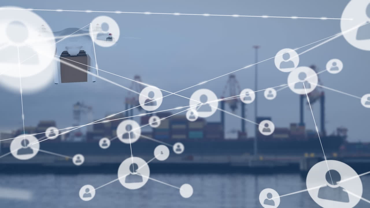 배경에 드론을 운반하는 상자와 선박 위의 아이콘과 연결 네트워크의 애니메이션