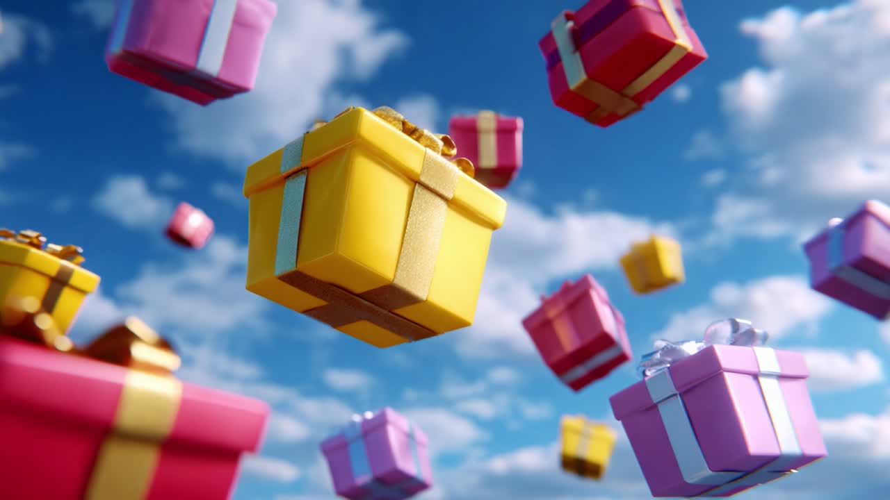 A Whimsical Scene of Colorful Flying Gift Boxes in a Bright Blue Sky, Surrounded by Fluffy White Clouds, Creating a Delightful and Joyful Atmosphere of Celebration and Anticipation for Any Occasion