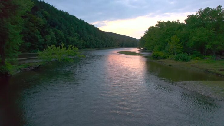 Sunset magic hour Drone aerial of the Susquehanna river in Pennsylvania