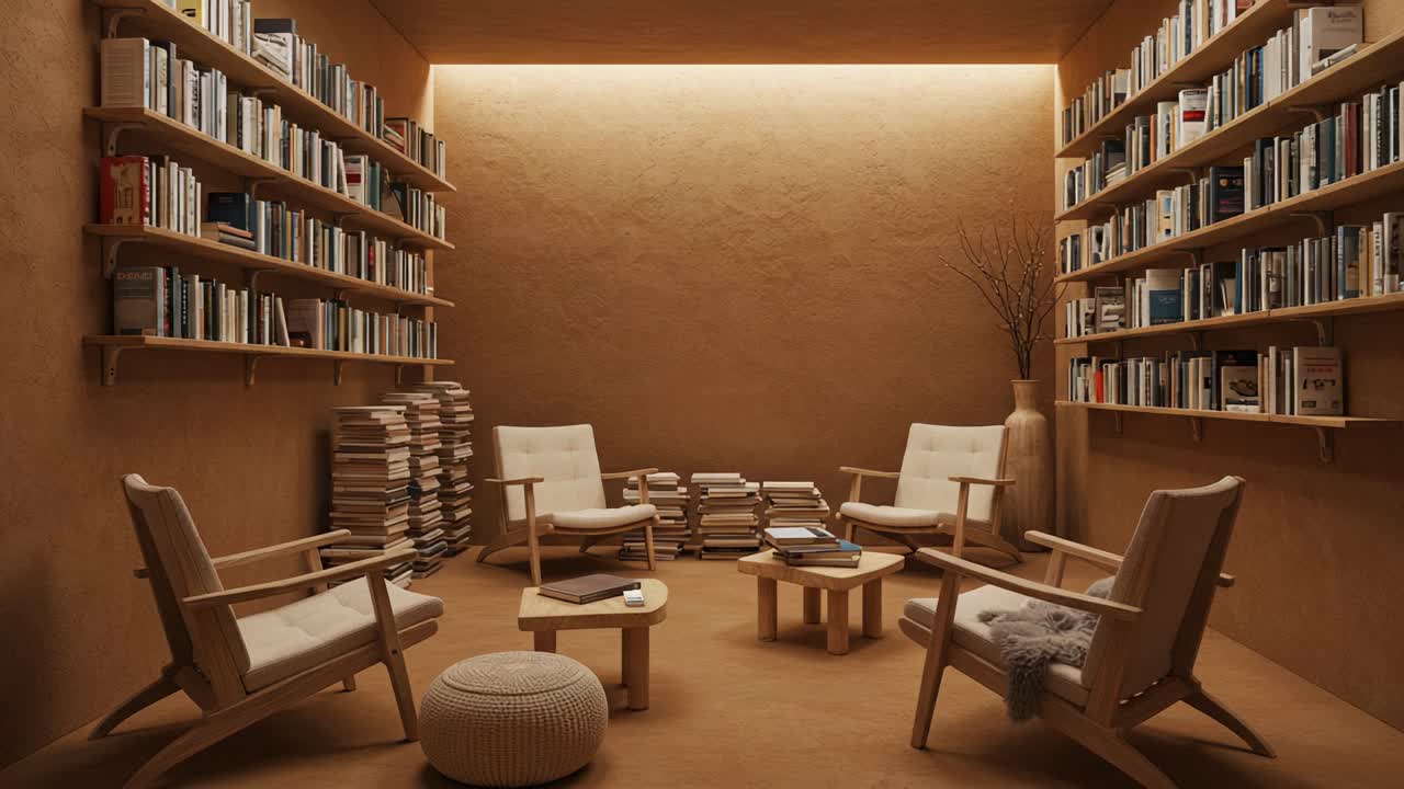 A Cozy and Inviting Reading Room Featuring Minimalist Furniture, Well-Organized Bookshelves, and a Warm Color Palette, Perfect for Relaxation and Focused Reading Sessions