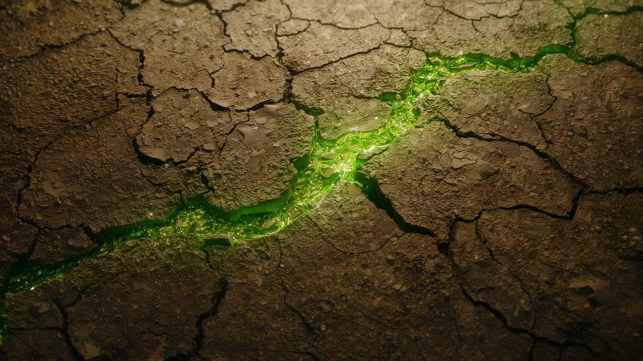 Entrando da sinistra, vena al neon che si ispessisce, si ramifica, traccia fessure attraverso il terreno asciutto, scintillando