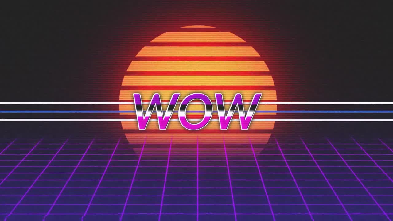 애니메이션 빈티지 비디오 게임 화면에 와우라는 단어가 적혀 있습니다.