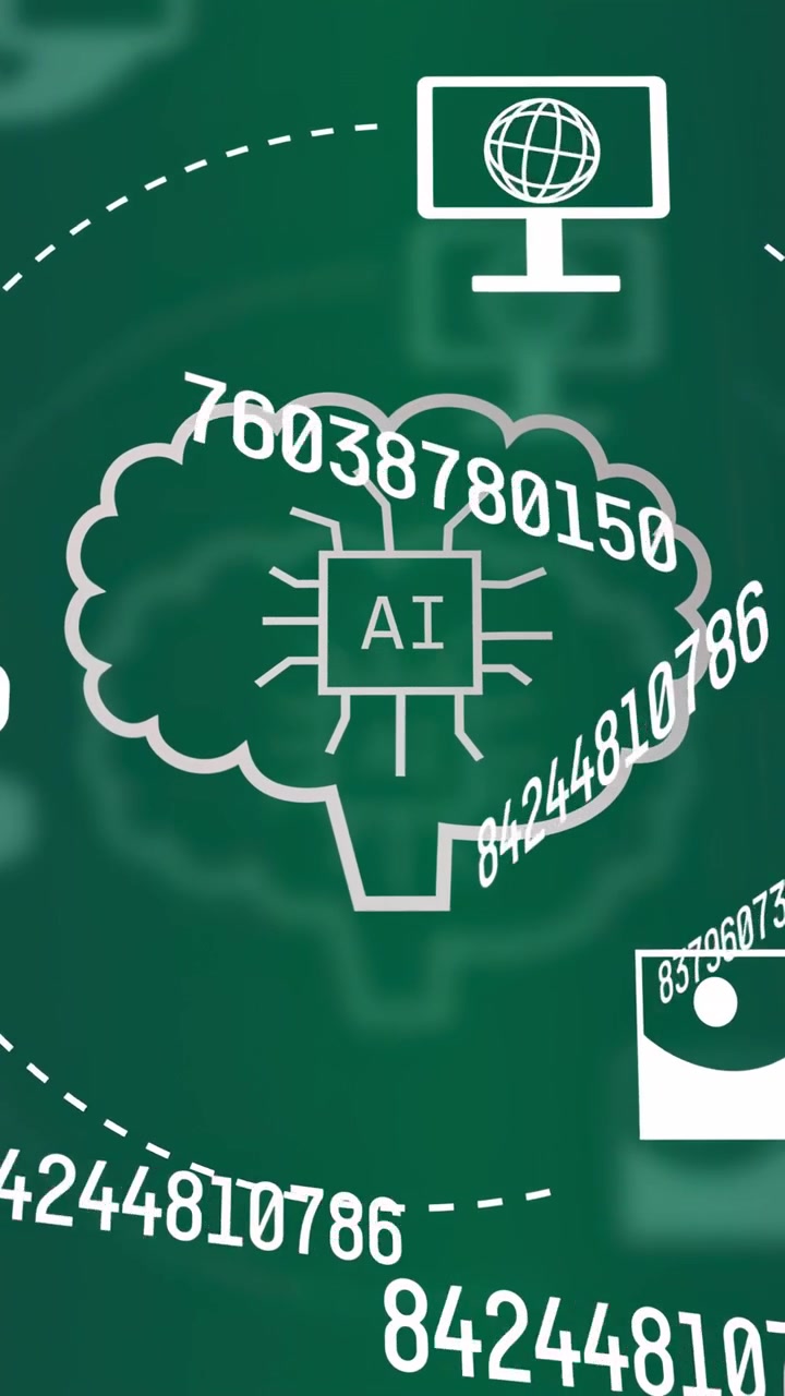 Vertical video: Tilted digits urging L morphing into cloud with AI chip, icons orbiting for merging