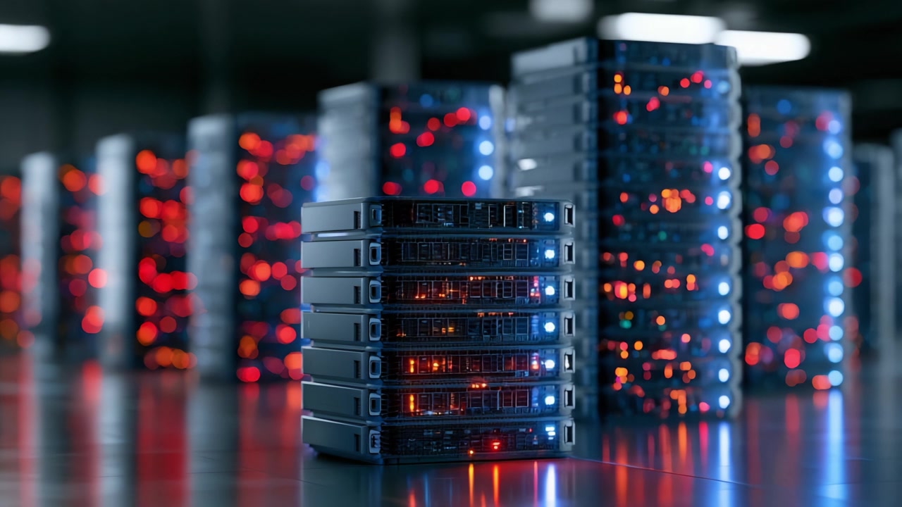 A Close-Up View of High-Tech Server Racks Surrounded by Blinking Lights and Glow, Showcasing Modern Data Center Technology and Infrastructure