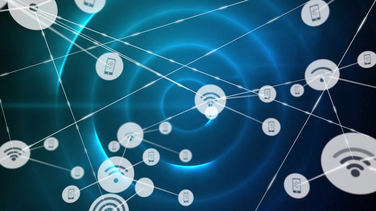 Animation of network of connections with icons over shapes on black background