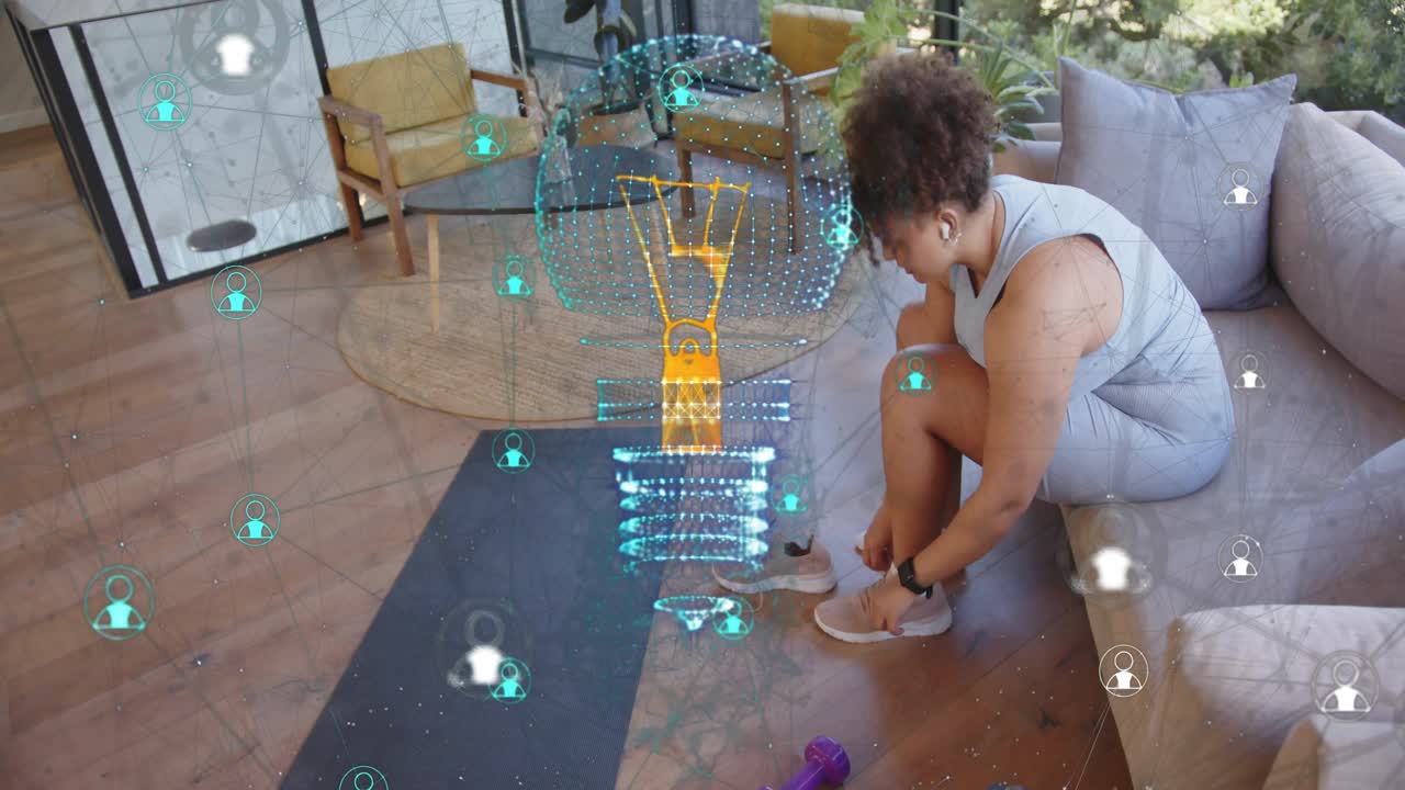 Woman sitting couch preparing fitness, putting on sneaker while AR overlay guiding mat and weights
