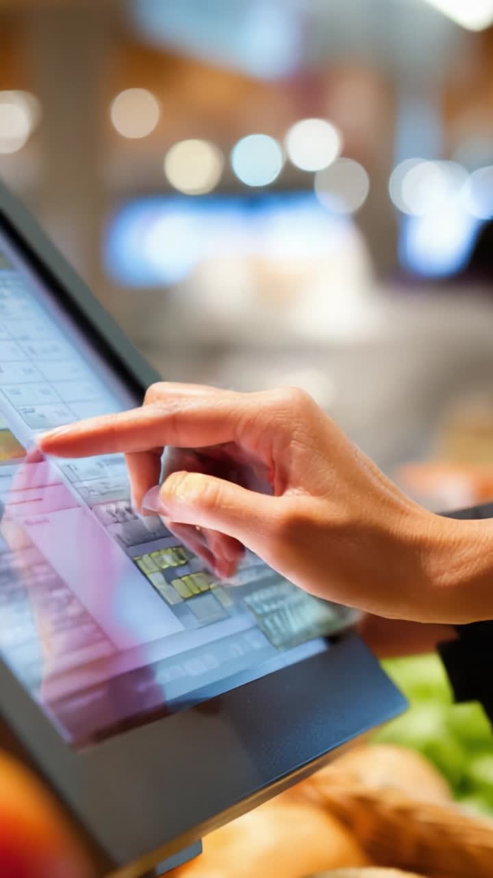 A close-up of a person interacting with a digital touchscreen display ...