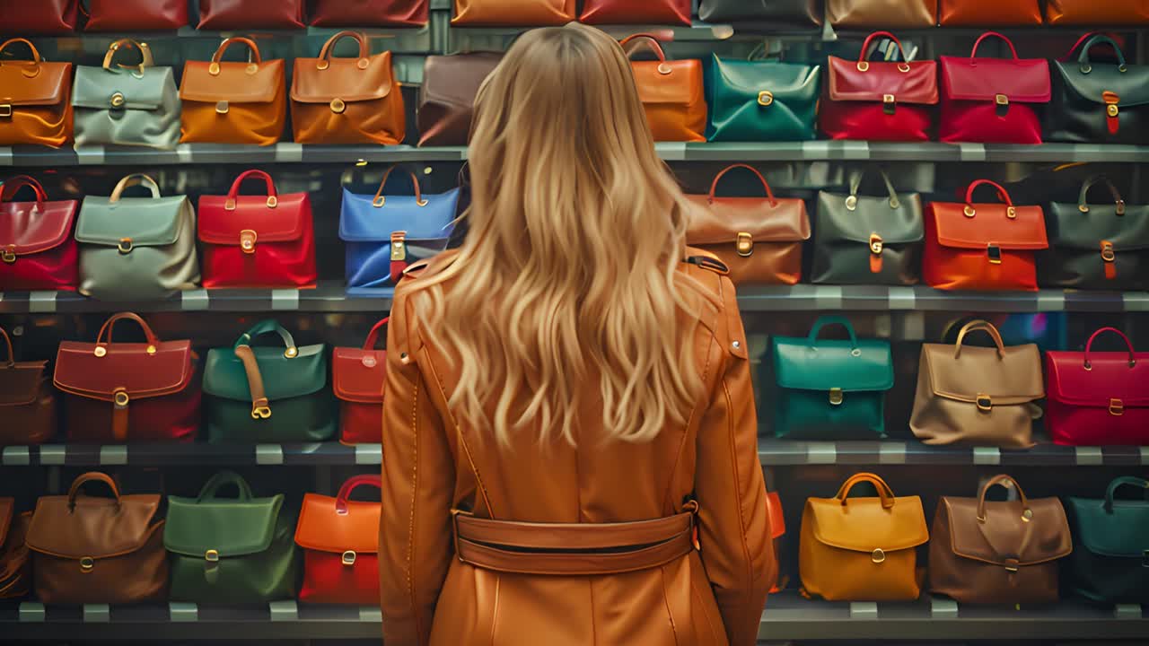 Woman admiring a display of colorful handbags in a store