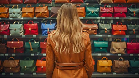 woman admiring a display of colorful handbags in a store
