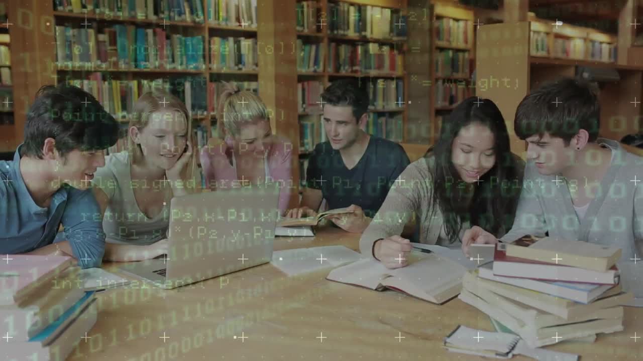 도서관에서 공부하는 다민족 학생들을 대상으로 바이너리 코드와 프로그래밍 언어의 애니메이션