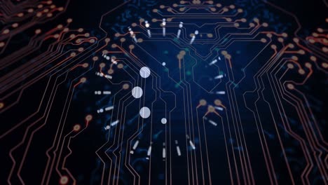 Animation of computer circuit board over scope scanning on black background