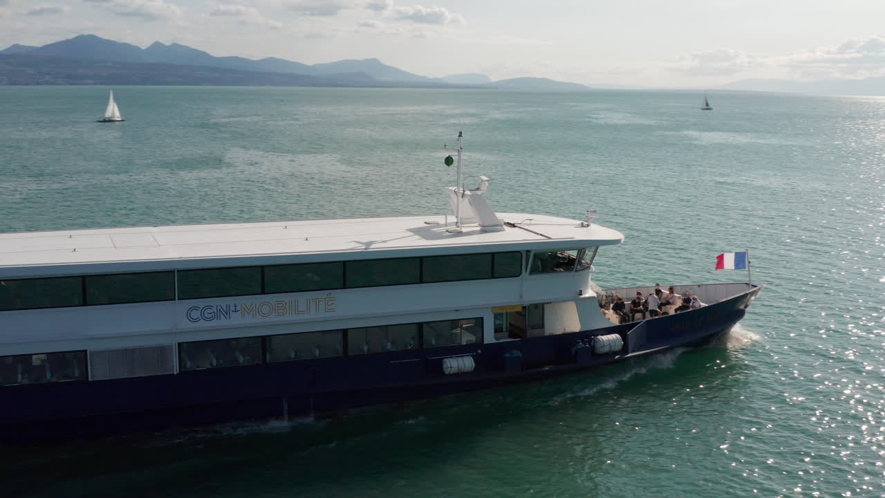 High angle view of ferry moving over beautiful lake Geneva