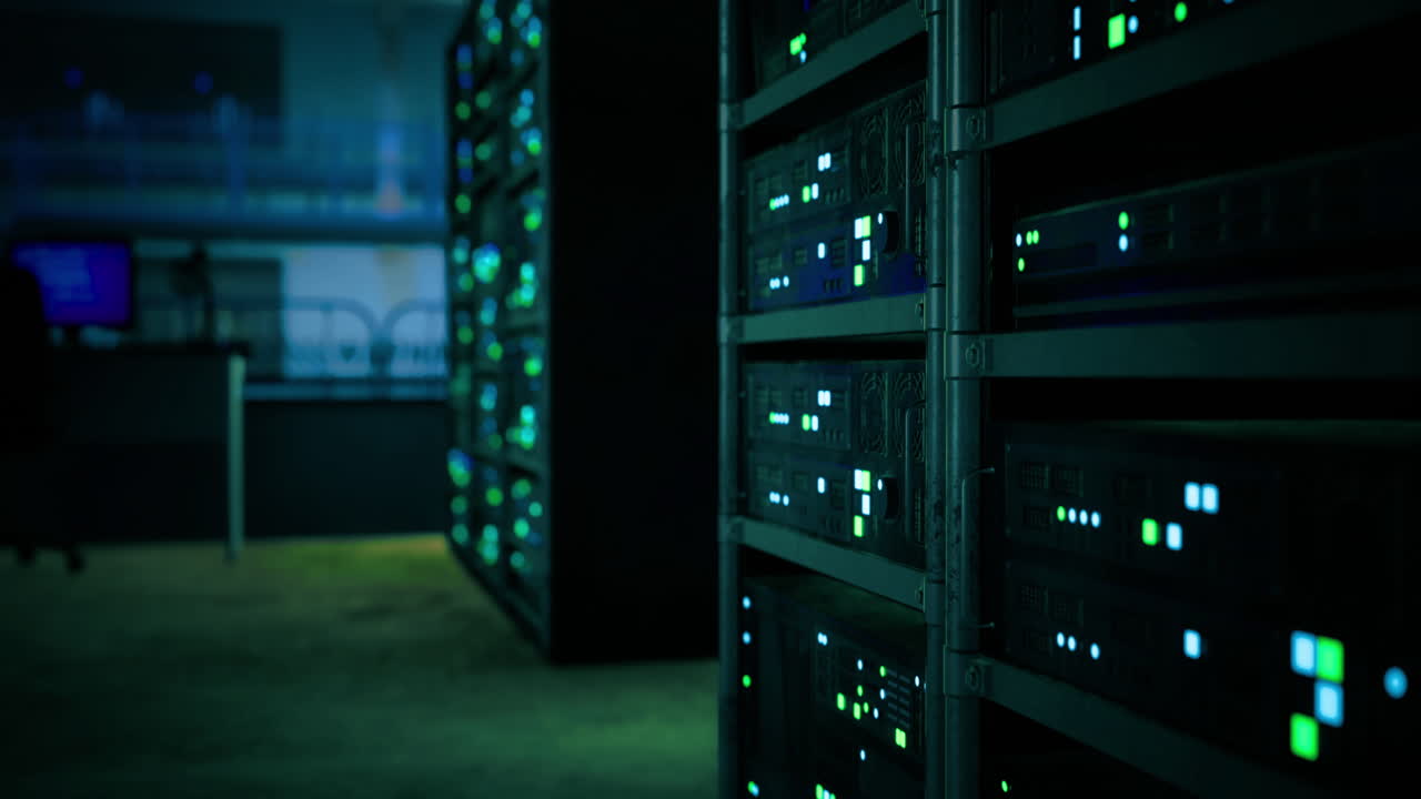 Data center filled with servers and glowing lights at nighttime