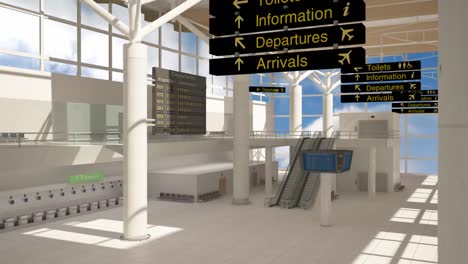 animation of clouds moving in a blue sky seen through the window of an empty corridor in an airport