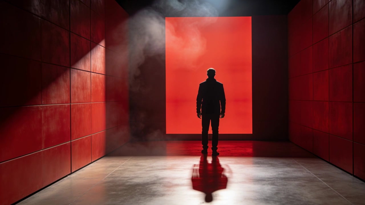Uomo che cammina in abito scuro si avvicina a un'apertura rosso brillante in uno studio, mentre una macchina del fumo rilascia fumo.