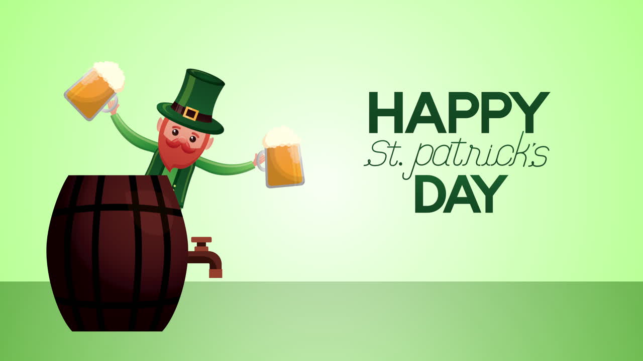 tarjeta animada del día de san patricio con elfo y cervezas