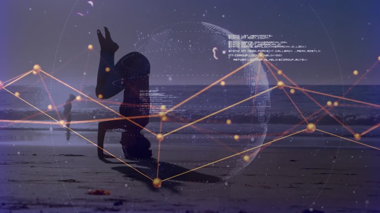 Woman doing headstand on beach, points forming tech mesh and runner passing initiating code overlay