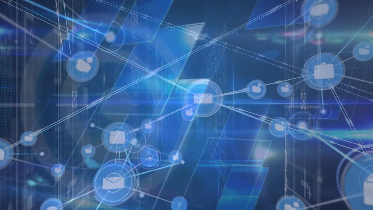 연결 네트워크의 애니메이션과 빛의 푸른 디지털 공간