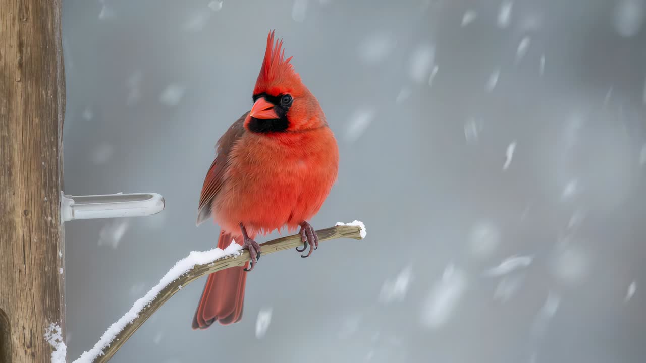 Hockender männlicher Kardinal, der sich auf einem verschneiten Zweig an einer Hofpfostenhalterung aufplustert, wärmt und ruft, während es schneit
