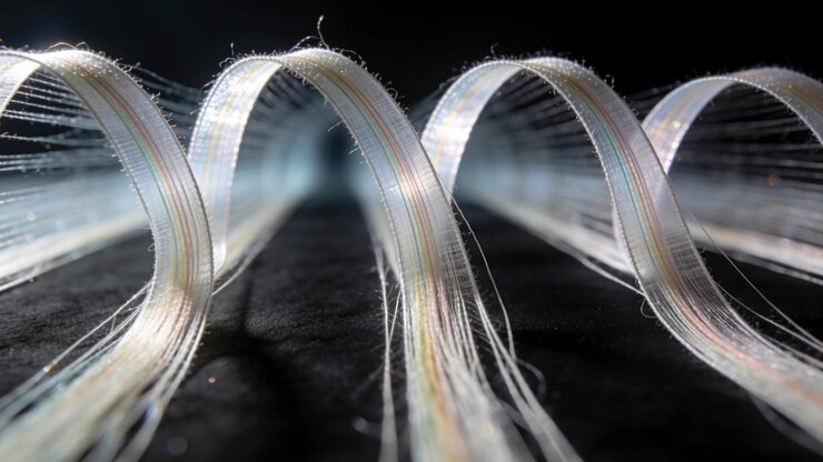 Shifting rim lighting revealing three sheer ribbons on studio tabletop, exposing fine filaments