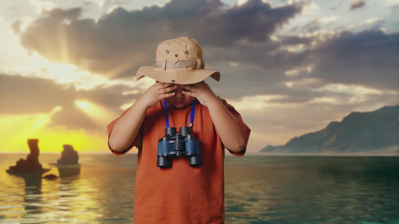 Asian Boy With A Hat Having A Headache After Looking Through The Binoculars. Boy Researcher Examines Something on Beach, Travel Tourism Adventure Concept