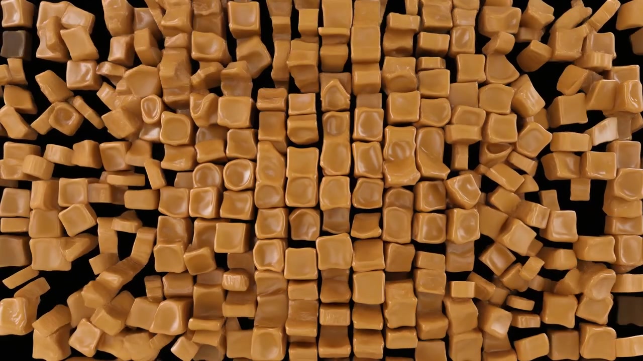 Animazione 3D astratta di cubi di caramello in espansione e contrazione.