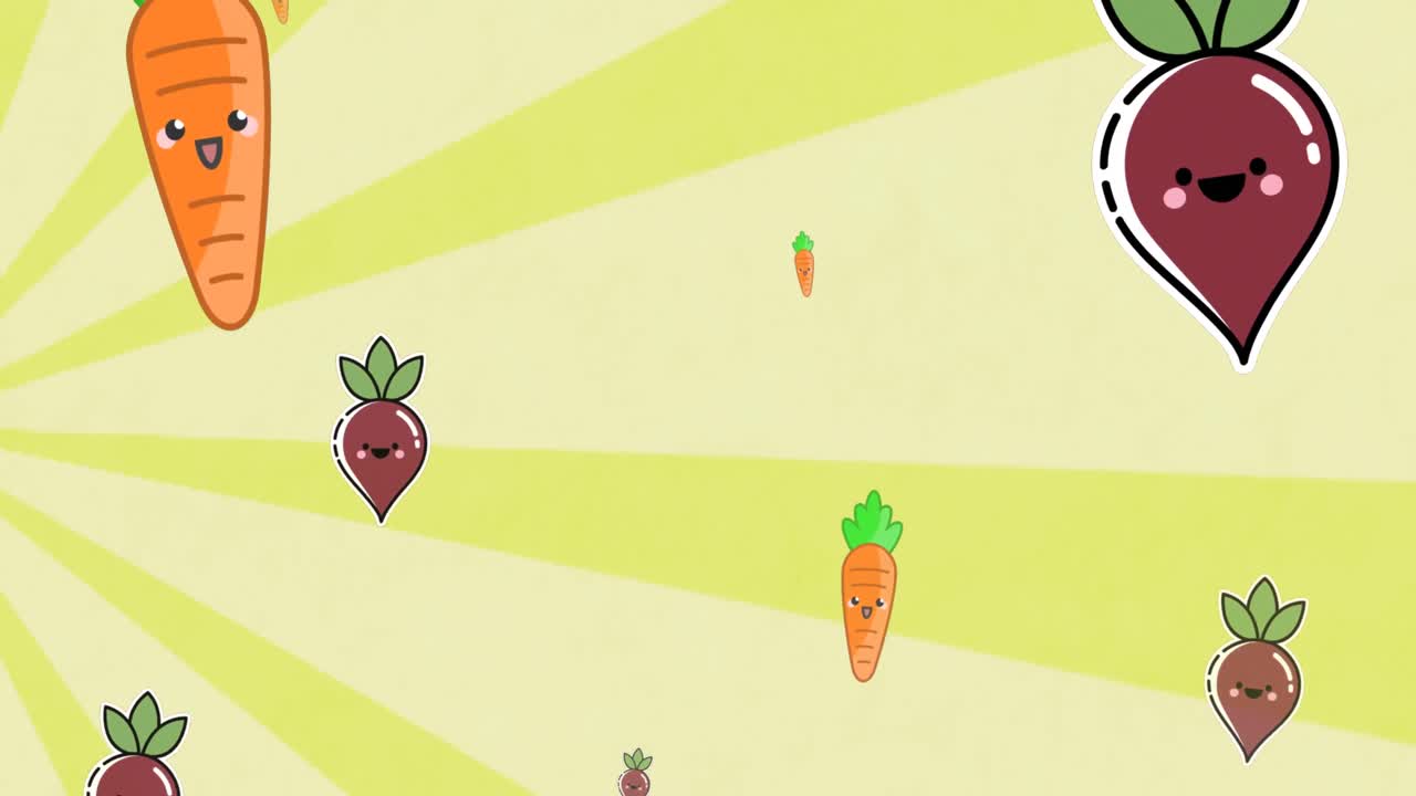 黄色のストライプの背景に野菜が落ちてくるLottieアニメーション