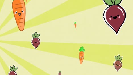 Animation-Von-Gemüse,-Das-Auf-Gelb-Gestreiften-Hintergrund-Fällt