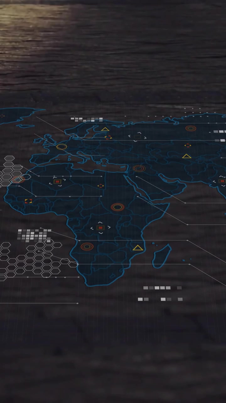 Animation of data processing with world map over people walking on street