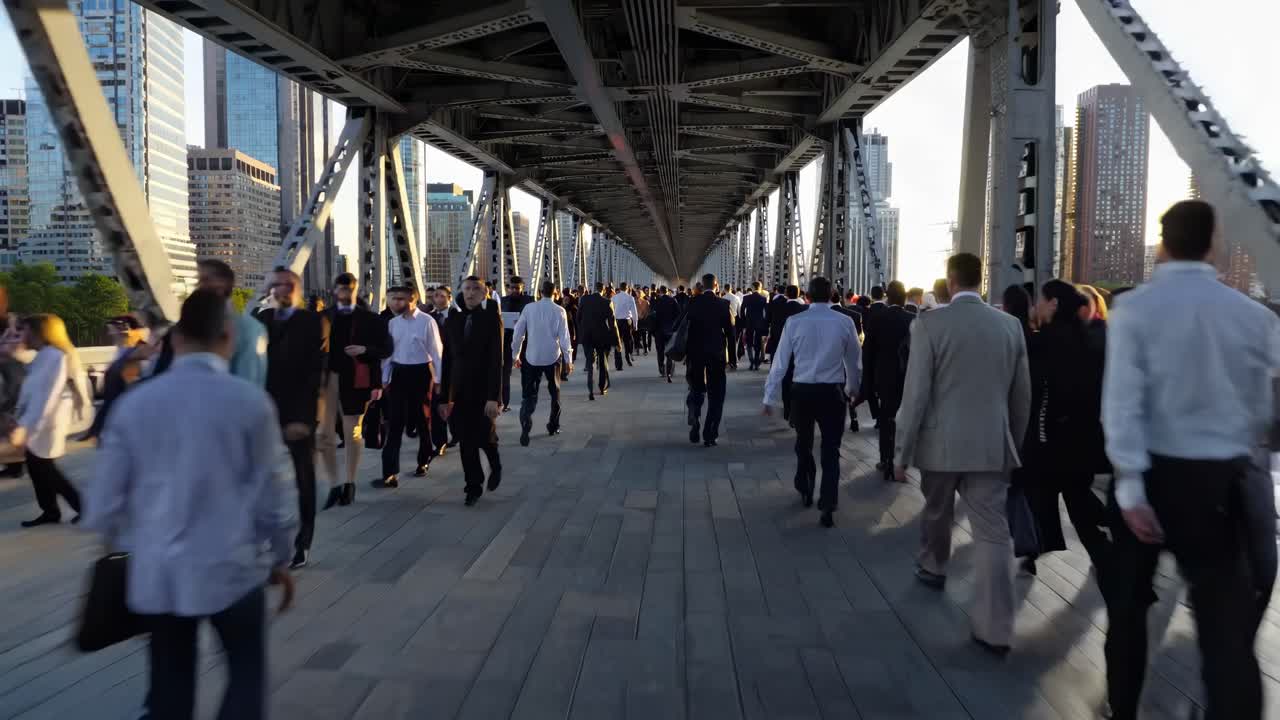 A dynamic street-level video shot of a bustling city bridge, capturing a crowd of people walking