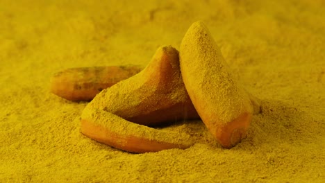 turmeric raw sitting on powder turmeric, powder falling on top, close up