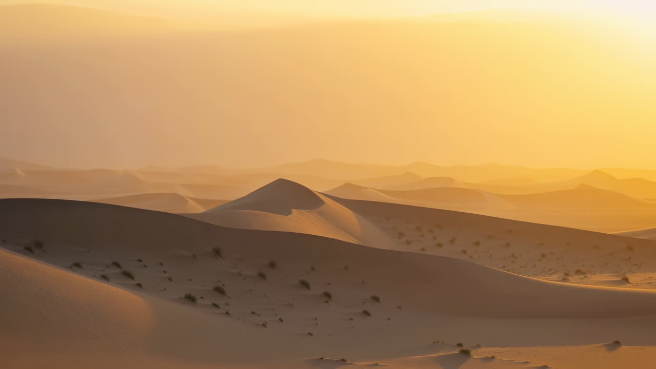 Dune dorate all'alba, vaste sabbie stratificate ondulano verso l'orizzonte sfocato, la calda luce ambrata scolpisce le creste