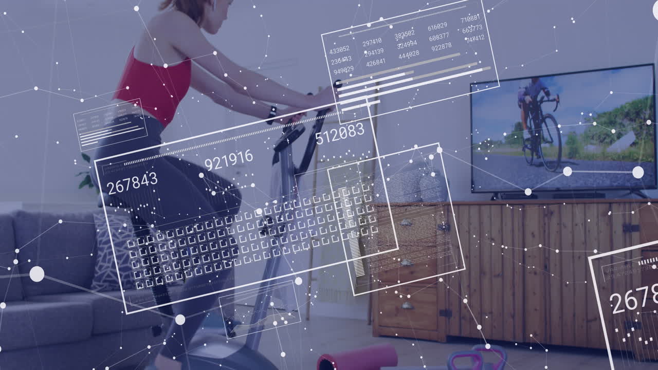 Animation of data processing over caucasian woman cycling on stationary bike at home