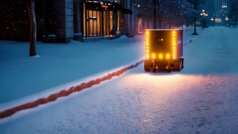 autonomous delivery robot in snowy city at night