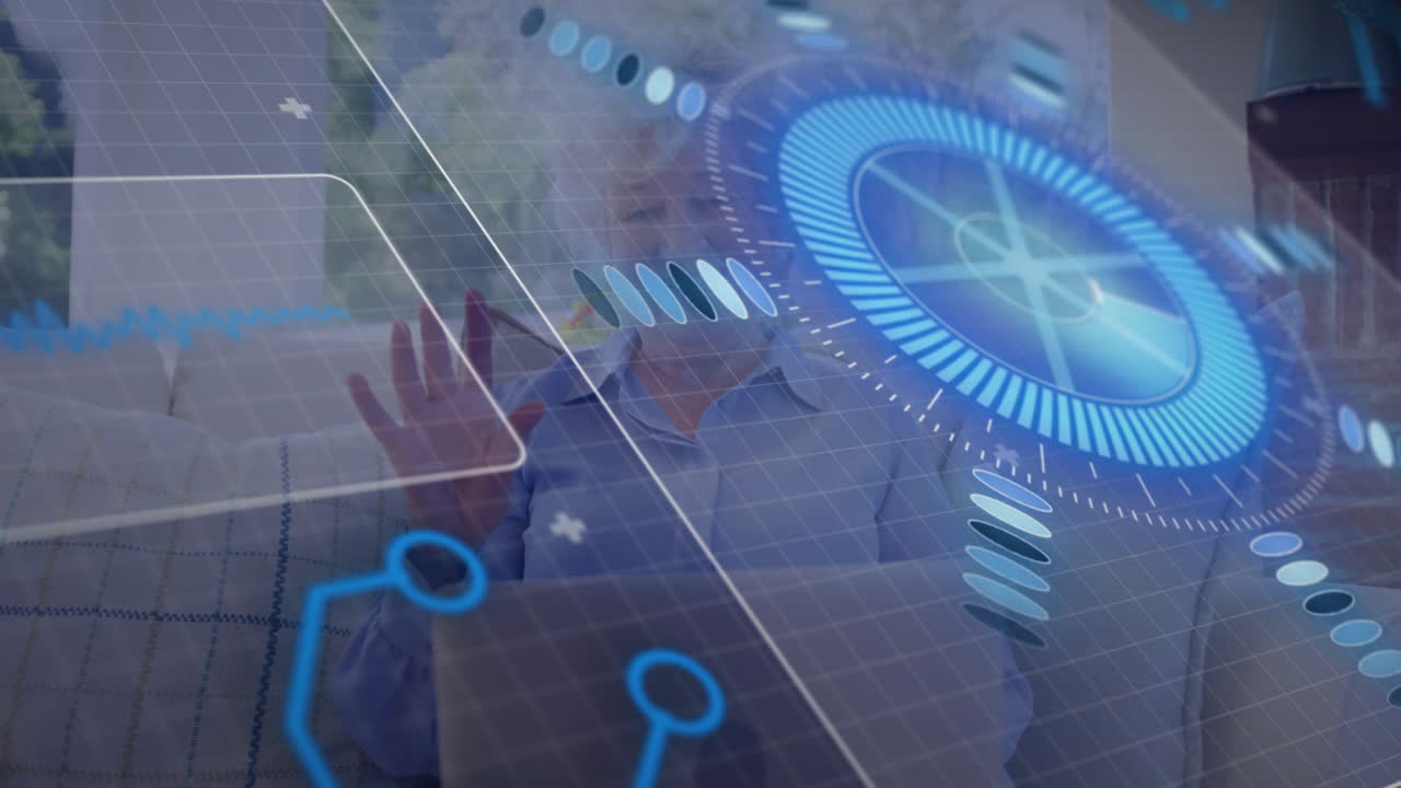 In school, child using animation for interacting with futuristic digital interface