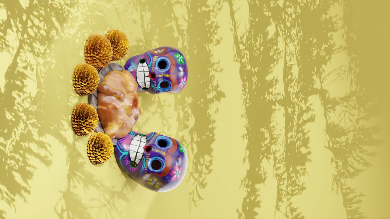 pan de muerto con dos cráneos vibrantes animación vertical