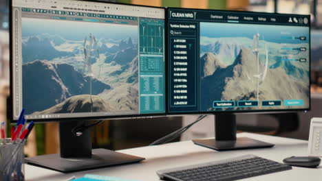 futuristic windmill prototype simulation on pc screens in rd office