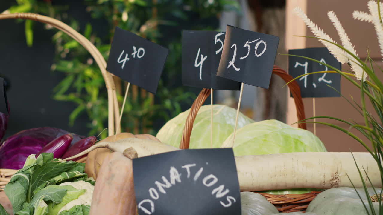 Display of vegetables with donation jar and prices