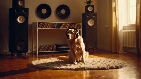 golden retriever listening to music in a cozy room