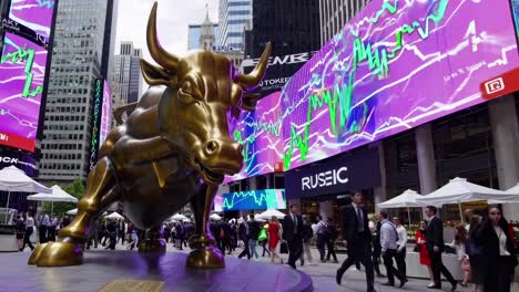 low-angle video of wall street's charging bull, surrounded by bustling crowds and vibrant digital
