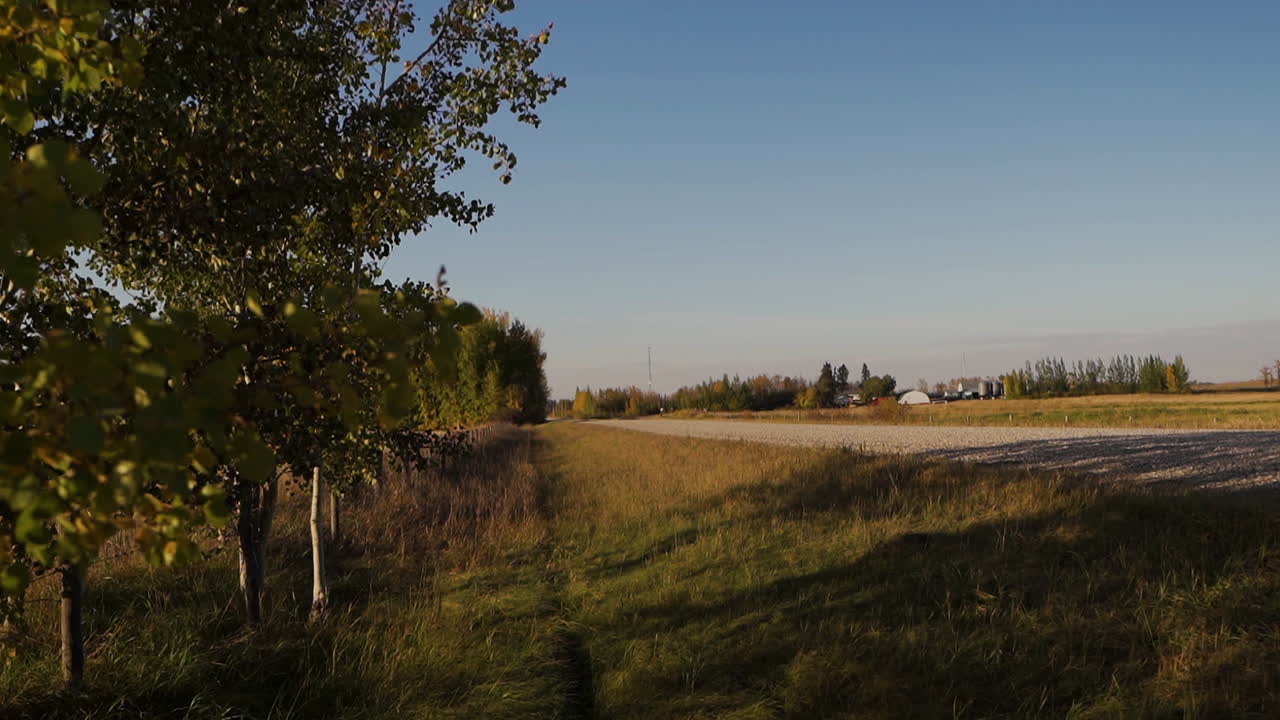 Peaceful View Of An Empty Countryside Road At Sunset. Sideways Shot