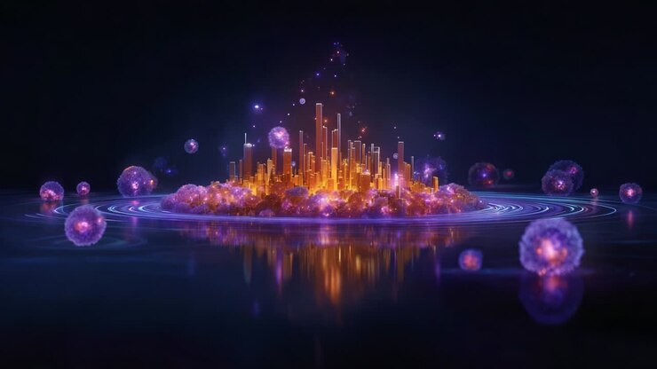 A vibrant and ethereal digital cityscape emerges from a reflective surface, showcasing glowing structures surrounded by swirling orbs that appear to represent elements of a thriving electronic ecosystem