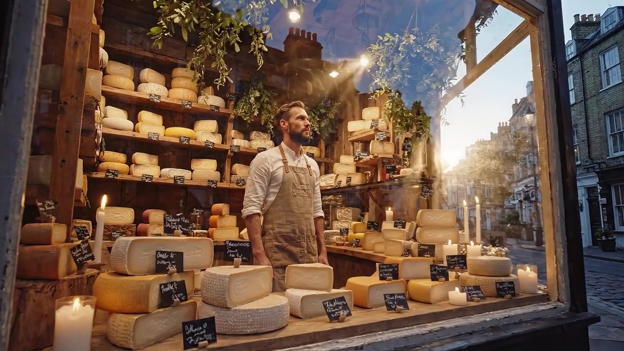Un Artigiano del Formaggio sta Orgogliosamente nella Sua Accogliente Vetrina, Circondato da una Vasta Gamma di Formaggi Artigianali, Avvolto nella Calda Luce Dorata del Tramonto, Evocando un Senso di Maestria Artigianale