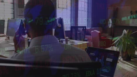 animation of stock market data processing over rear view of man talking on smartphone at office